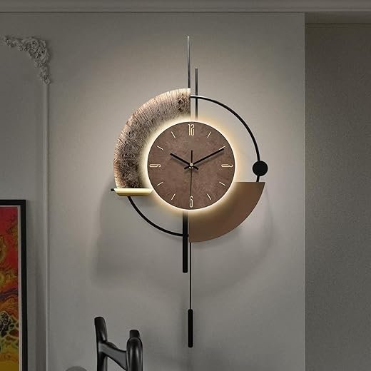 Decorative Pendulum Modern Wall Clock，Voice-Activated Glow，Non Ticking，Large Unique Wall Clocks for Living Room Bedroom Kitchen Office Black and Brown，31.5“*16.6“