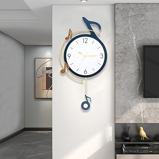 Decorative Quartz Wall Clock with Pendulum, Battery Operated, Music Note Art for Living Room, Kitchen, Home, Bathroom, Bedroom Decor, 12.6x22 Inch