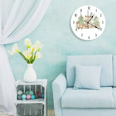 Decorative Silent No Ticking Wall Clock Watercolor Woodland Forest Animals Round Modern Wooden Clocks for Bedroom Living Room Home Office School Wall Art Decor, 10 Inches