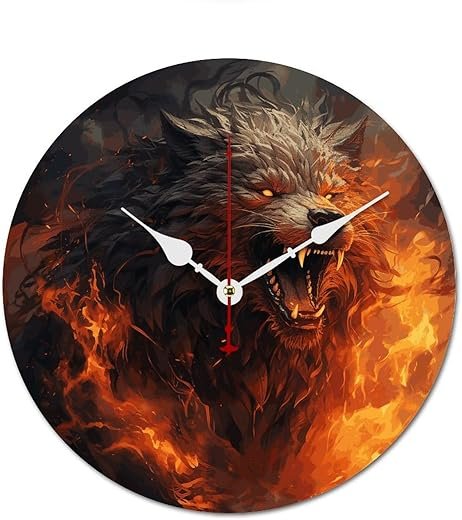 Decorative Wooden Modern Wall Clock Wild Wolf in The Fire Non Ticking Clock Round Wall Clocks Frameless Time Clocks No Scale Clock for Home Bedroom Office Living Room 11.8 in White