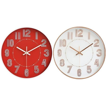 DESIGNICE 2Pcs Wall Clock,Elegant Display Modern Wall Clock,Modern Aesthetic Bathroom Clock,Red&Gold,12In