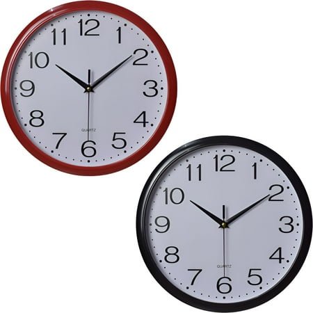 DESIGNICE 2Pcs Wall Clock,Metal Coating Modern Wall Clock,Continuous Operation Bathroom Clock,Red&Black,12In