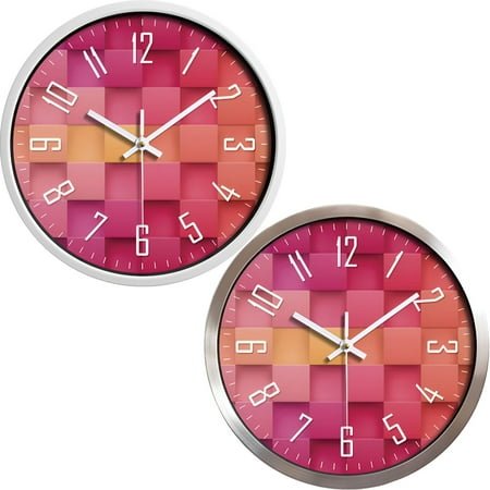 DESIGNICE 2Pcs Wall Clock,Steel Texture Modern Wall Clock,Refined Look Bathroom Clock,White&Silver,12In