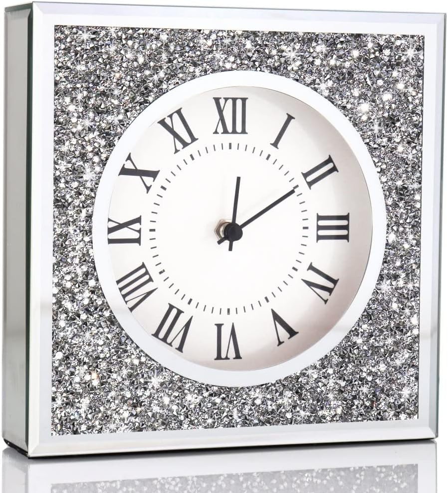Desk Clock Wall Clock 8X8X2Inch Crushed Diamond Mirrored Clock Table Top Decorat
