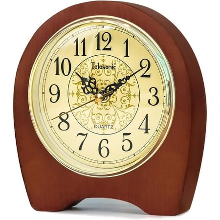 Desk Clock, Wooden Silent Table Clock, Battery Operated Vintage Clock Home Ornament Decoration with Unique Print for Living Room Bedroom Study Office (Brown)