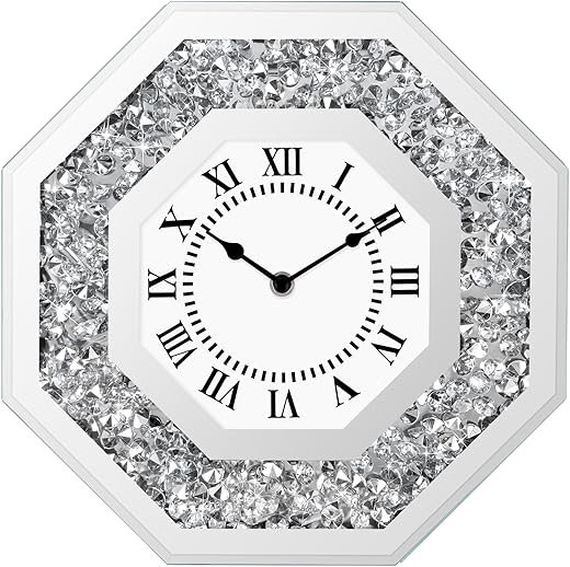 Diamond Mirrored Round Large Wall Clocks for Living Room Decor, Silver Crystal Sparkle Twinkle Bling Diamond Glass Wall Clock Decorative for Bedrooms Home Office (Octagon)