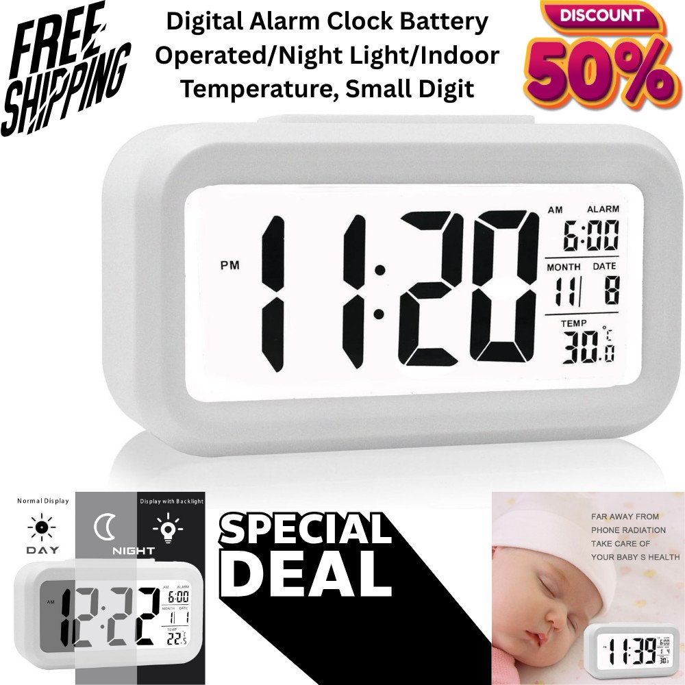 Digital Alarm Clock Battery Operated/Night Light/Indoor Temperature, Small Digit