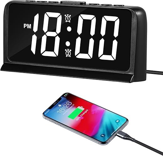 Digital Alarm Clock with Dual Alarm, Multi-Color Digits, USB Charging Port, Adjustable Volume, Dimmable Large Display for Bedroom (White)