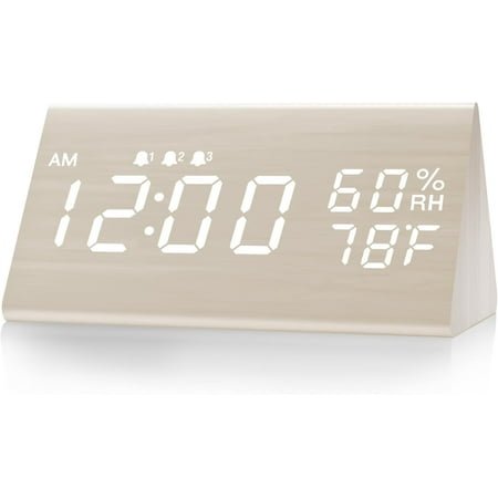 Digital Alarm Clock, with Wooden Electronic LED Time Display, 3 Alarm Settings, Humidity & Temperature Detect, Wood Made Electric Clocks for Bedroom, Bedside (Black)