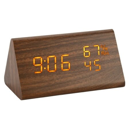 Digital Alarm Clock, with Wooden Electronic LED Time Display, Alarm Settings, Humidity & Temperature Detect, Wood Made Electric Clocks for Bedroom, Bedside,brown,G169865
