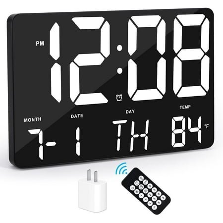 Digital Clock Large Display,11.5Digital Wall Alarm Clock with Remote Control,LED Oversized Electric Clock with Calendar,12/24H,Adjustable Brightness Large Clock for Home Office Kitchen Bedroom