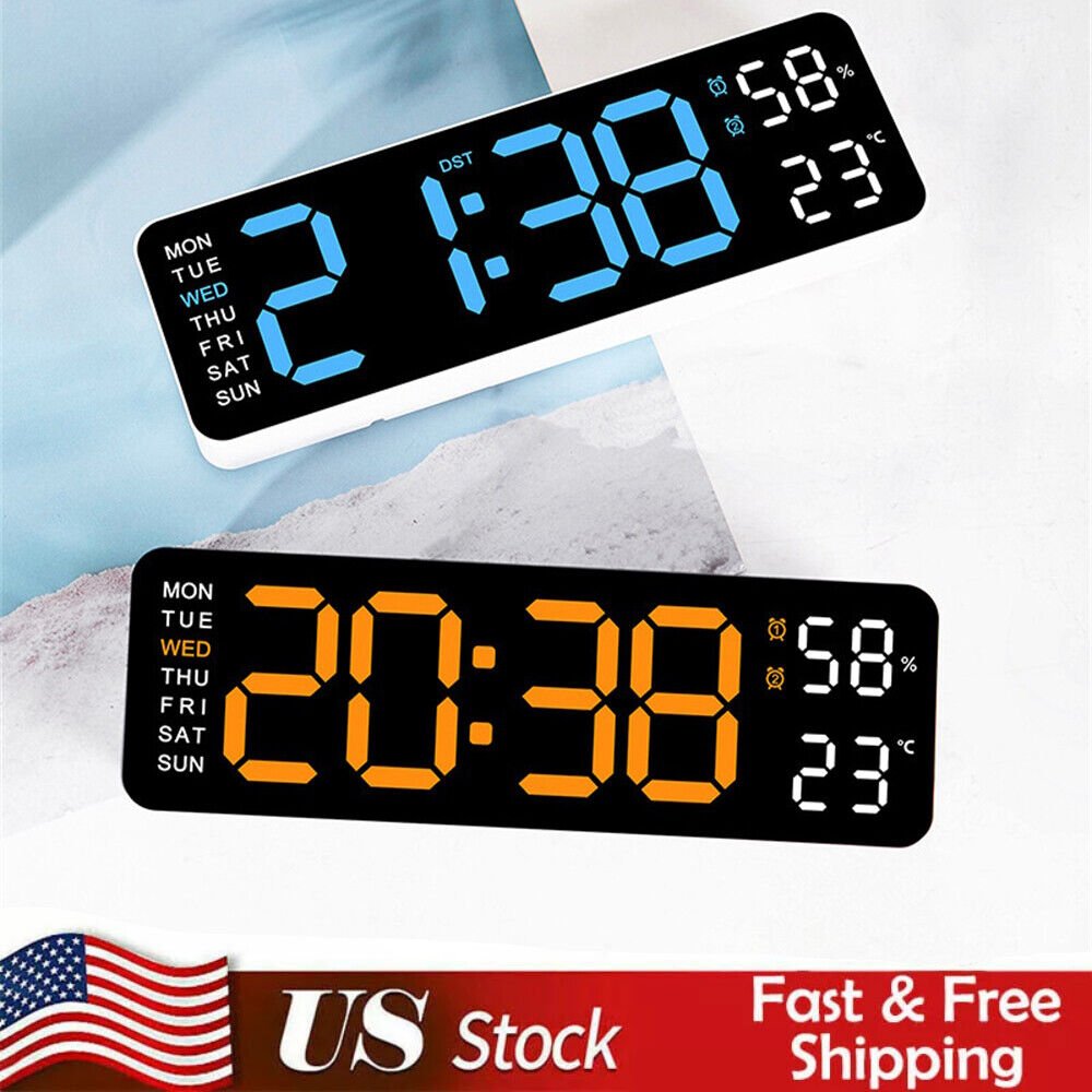 Digital LED Desk Alarm Clock Large LED Display Wall Clock Temperature Humidity