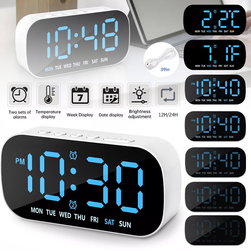 Digital LED Desk Alarm Clock LED Large Display Time Temperature Battery Snooze