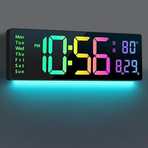 Digital Wall Clock Large Display 16, Digital Clock with 11 RGB Colors Changing Remote Control, LED Clocks with Night Lights for Living Room Bedroom Office Classroom Decor, Auto DST (Multicolor)