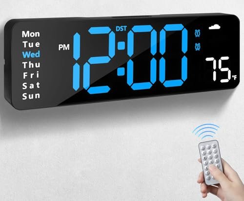 Digital Wall Clock with Remote Control, Large Display Plug in LED Digital Alarm Clocks with 12/24Hr, Date, Week, DST, Timing, Countdown, Temperature for Living Room, Bedroom, Office Wall Decor (Blue)