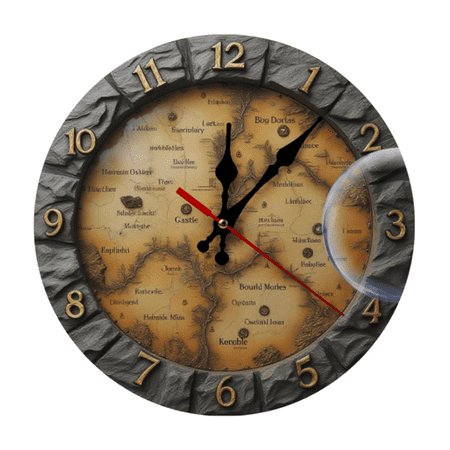 Distressed Wooden 2D Wall Clock Vintage Fantasy Stone Map Round Clock Design for Living Room & Bedroom Home Decor(AA Not Included)
