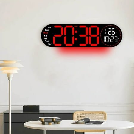 Djiypn 17 Large Digital Wall Clock with Remote Control, RGB Atmosphere Lights with 8 Scenes Mode, LED Display, Auto DST, Temperature for Home Living Room