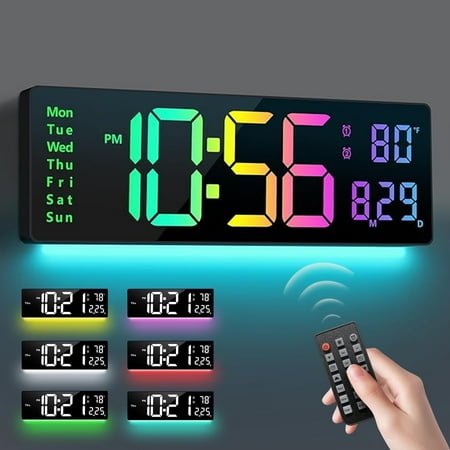 DOQAUS 15 Digital Wall Clock, Large Display LED Digital Clock with Remote Control, for Living Room Decor, Automatic Brightness Dimmer with Date Week Temperature Alarm clock Timer (Orange)