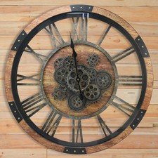 DORBOKER 24" LARGE WALL CLOCK MOVING GEARS,OVERSIZE VINTAGE RUSTIC - BROWN