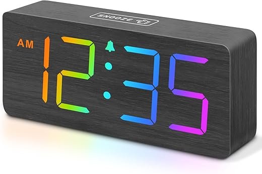 DreamSky Super Loud Alarm Clock for Heavy Sleepers Adults - RGB Wooden Digital Alarm Clock for Bedroom Desk, Living Room, Office, Large Numbers with Brightness Dimmer, Volume Control, Wood Decor