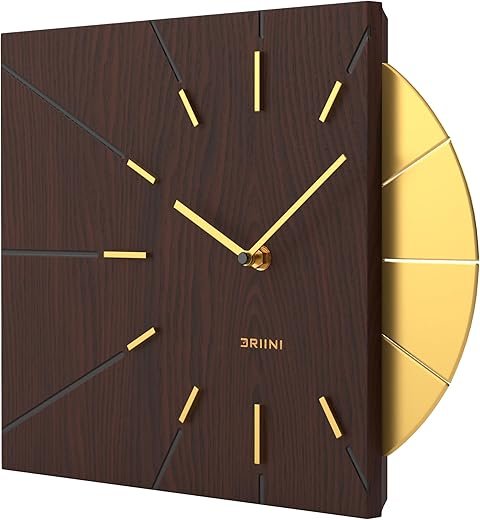 Driini Clocks Mid Century Modern Wall Clock - Square Wood Clock with Decorative Gold Accent- Unique and Cool Clock, Battery Operated - MCM Decor & Decorative Wall Clock for Mid Century Modern Decor.