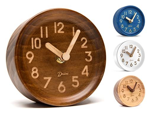 Driini Wooden Analog Desktop Clock – 4.3 in. Decorative Pinewood, No-Tick Design – Easy to Read Silent Sweep Mantle Clock – Quiet Tabletop Clocks with Wood Body, Hands, & Battery Cover; Dark