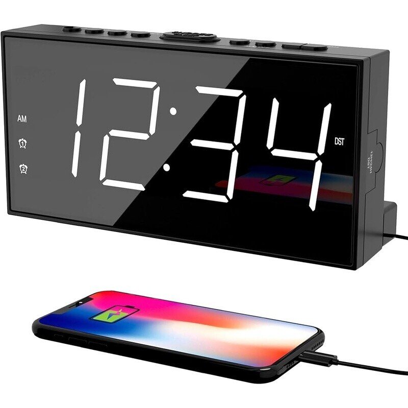Dual Alarm Clock LED Display USB Charger Dimmable Snooze Volume Home Office
