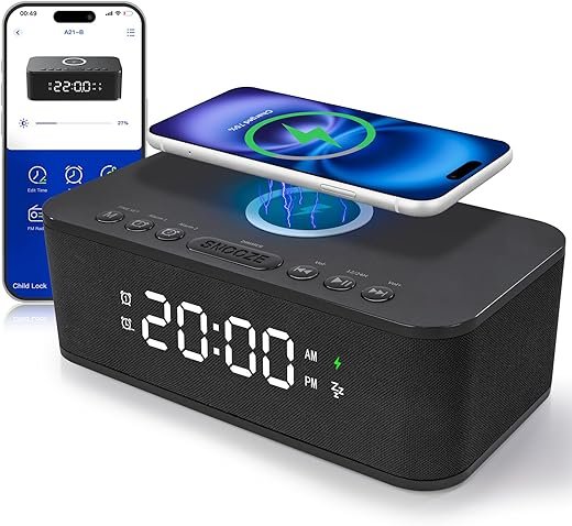 Dual Alarm Clock Radio Bedroom, Digital Alarm Clocks Bedroom Bluetooth, Up to 10 Alarms Clocks Bedrooms Adjustable Volume App/Button Control Snooze 12/24H FM Speaker Charging, Black
