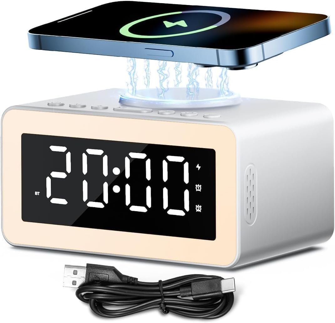 Dual Speaker White Noise Sound Machine, Wireless Charging Alarm Clock for Sleeping with 5.3 Bluetooth, Soothing Music, Dimmable Night Light, Sleep Timer, Ideal for Bedroom, Baby & Adults