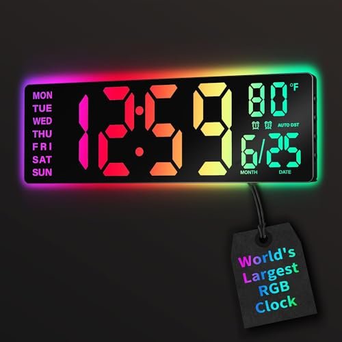 EASYERA 16.5" Large Digital Wall Clock with Remote Control, RGB Atmosphere Lights with 11 Scenes Mode, Dual Alarms with Big LED Display, Auto DST, Temperature for Living Room Gaming