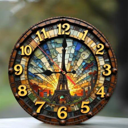 Eiffel Tower Stained Glass Wall Clock Home Decor 10-Inch Silent Wooden Wall Clock, Battery Operated (AA Batteries Not Included), Artistic Home Decor