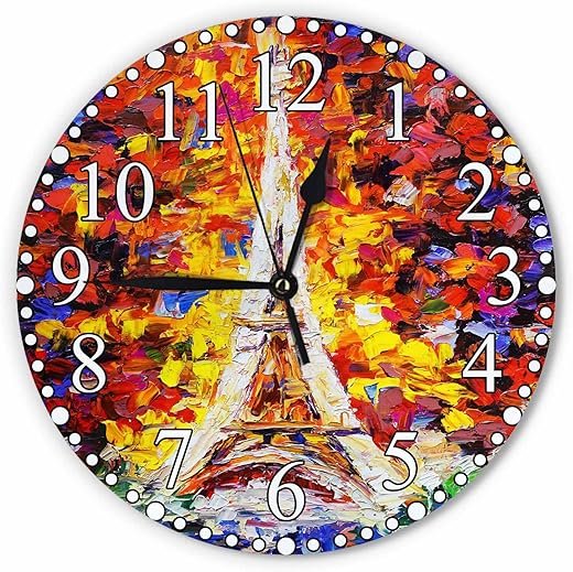 Eiffel Tower Wall Clock 10 Inch Battery Operated Oil Painting Paris Romantic Famous France Cityscape Clock Silent Non-Ticking Modern Clocks Decorative for Home Kitchen Living Room Bathroom Office