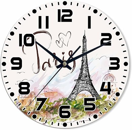 Eiffel Tower Wall Clock Battery Operated Romantic Landmark Wall Clock Silent Non Ticking Quality Quartz 10 Inch Round Easy Clock to Read for Home Office