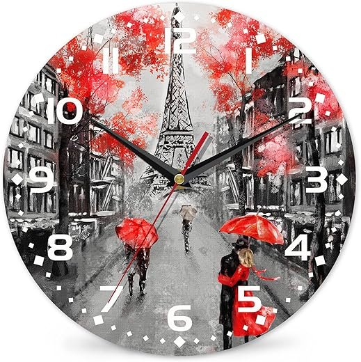 Eiffel Tower Wall Clock, Vintage Wooden Battery Operated Non-Ticking 10 Inch Silent Art Decor for Girls and Kids