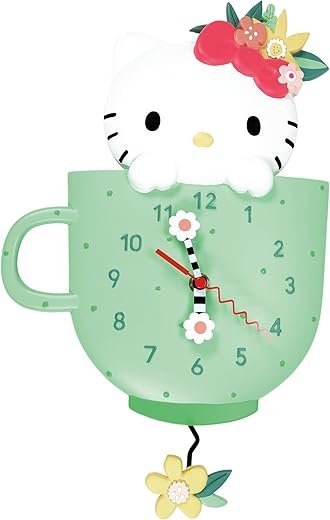 Enesco Allen Designs Hello Kitty in Tea Cup Wall Clock, Battery Operated Pendulum Analog Clock, Stone Resin Decorative Clocks for Walls Home Decor Kitchen Clocks, 11.73 Inch
