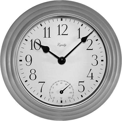 Equity 29007 Quartz Wall Clock with Temperature, 8", Metallic Silver,8 x 1.6 x 8 inches
