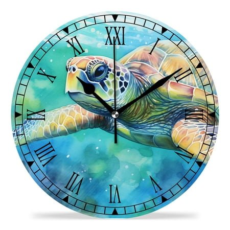 erolrail Rustic Wall Clock,Silent Non Ticking Wall Clocks for Living Room,Bedroom,Kitchen 12IN Sea Turtle Ocean Wildlife Animals Watercolor Picture