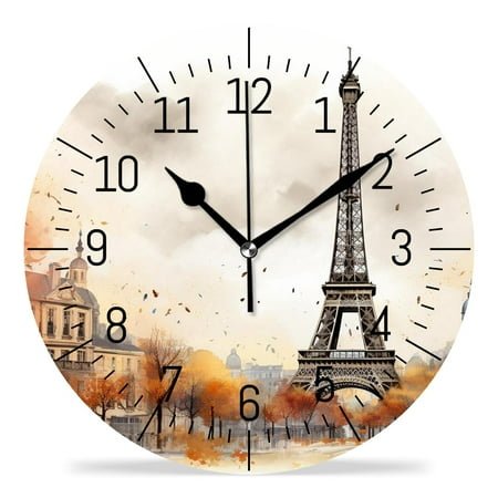 erolrail Rustic Wall Clock,Silent Non Ticking Wall Clocks for Living Room,Bedroom,Kitchen 12IN Eiffel Tower Maple Leaf Autumn Beautiful