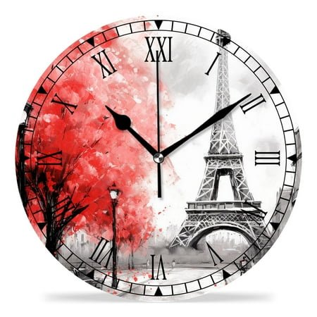 erolrail Rustic Wall Clock,Silent Non Ticking Wall Clocks for Living Room,Bedroom,Kitchen 12IN Oil Painting Paris Black White and Red Modern Art Cute Drawing