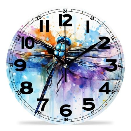 erolrail Rustic Wall Clock,Silent Non Ticking Wall Clocks for Living Room,Bedroom,Kitchen 12IN Watercolor Art Dragonfly Print