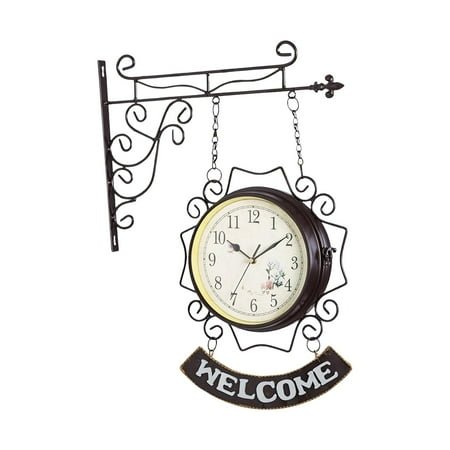 European Double Sided Wall Clock Double Faced Round Art Clock Decorative Wall Hanging Clock Iron for Living Room Hallway Garden Home Decor Coffee