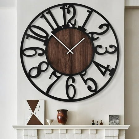 Extra Large Wall Clocks,Silent Little Ticking,Battery Operated Vintage Round Modern Wood Wall Clock for Living Room, Bedroom,Farmhouse,Office Home Decor-32 Inch(Black-Arabic Number)