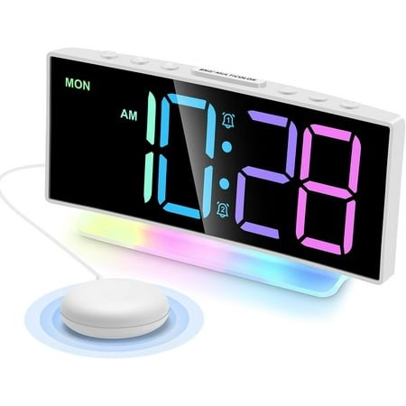Extra Loud Vibrating Alarm Clock with Bed Shaker for Heavy Sleepers Adult,Dual Alarm Clock with USB Charger for Hearing-impaired Deaf,Large RGB Display,7 Color Night Light(White)