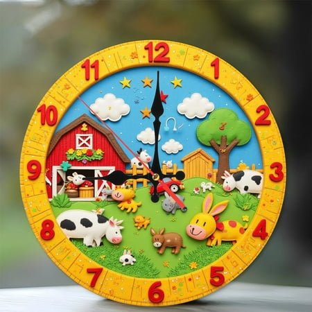 Farm Animals Cartoon Wall Clock Cute Kids Decor 10-Inch Silent Wooden Wall Clock, Battery Operated (AA Batteries Not Included), Artistic Home Decor