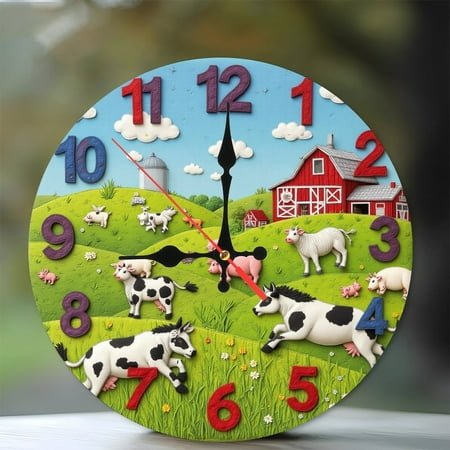Farm Animals Clock Wall Decor，Kids Room Decor，Cow Pig Scene 10-Inch Silent Wooden Wall Clock, Battery Operated (AA Batteries Not Included), Artistic Home Decor