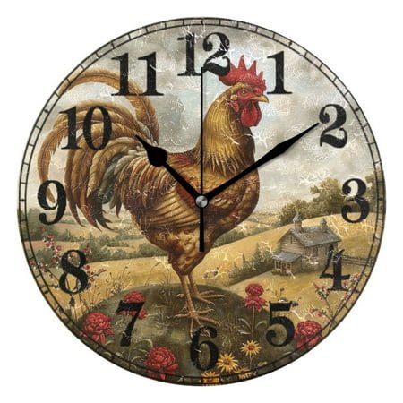Farmhouse Rooster Flowers Silent Wall Clock 10 Non-Ticking Battery Clock