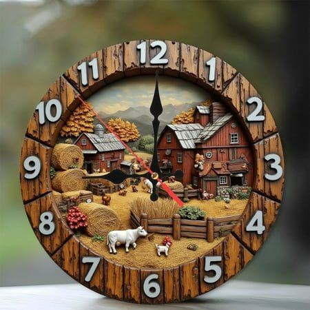 Farmhouse Rustic 2D Wall Clock Country Scene Decor 10-Inch Silent Wooden Wall Clock, Battery Operated (AA Batteries Not Included), Artistic Home Decor