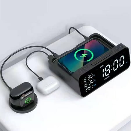 Fast Wireless Charger Alarm Clock, Time Light, Thermometer, Earphone Phone Charger, Fast Charging Dock Station, Snooze, Bedside Alarm Clock for Heavy Sleepers
