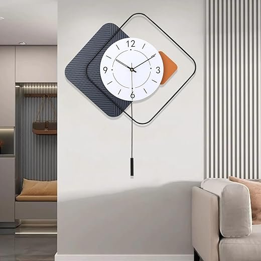 FILLOVE Large Decorative Wall Clock with Pendulum for Living Room, Metal Hands, Orange Accent White Dial, Silent Metal Wall Clock for Living Room, Bedroom, Study, Office