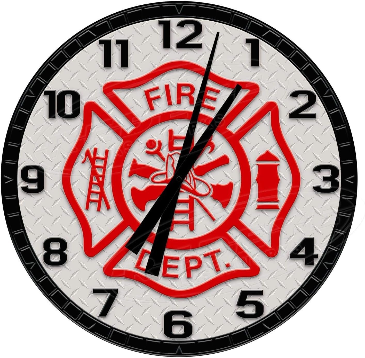 Fire Dept Diamond Plate Themed 12" Diameter Aluminum Metal Round Wall Clock
